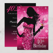 Invitation Bombe étincelle quarantième anniversaire | fuschia (Devant / Derrière)