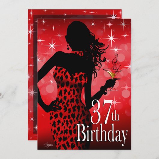 Invitation Bombshell Sparkle Red Leopard 37e anniversaire (Devant / Derrière)
