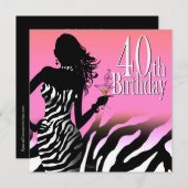 Invitation Bombshell Zebra 40e anniversaire de fête robe rose (Devant / Derrière)