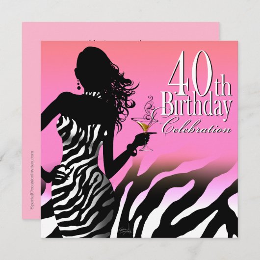 Invitation Bombshell Zebra 40e anniversaire de fête robe rose (Devant / Derrière)