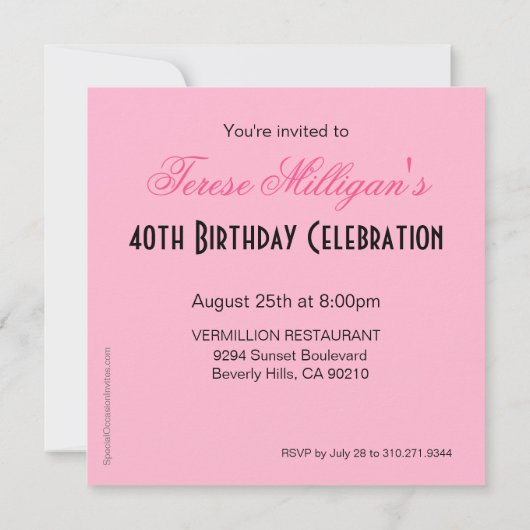 Invitation Bombshell Zebra 40e anniversaire de fête robe rose (Dos)
