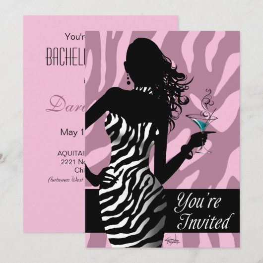 Invitation Bombshell Zebra Bachelorette Dames Nuit rose (Devant / Derrière)