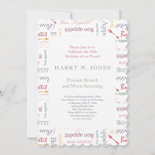 Invitation Bon Appetit 40e fête d'anniversaire pour Gourmet (Dos)