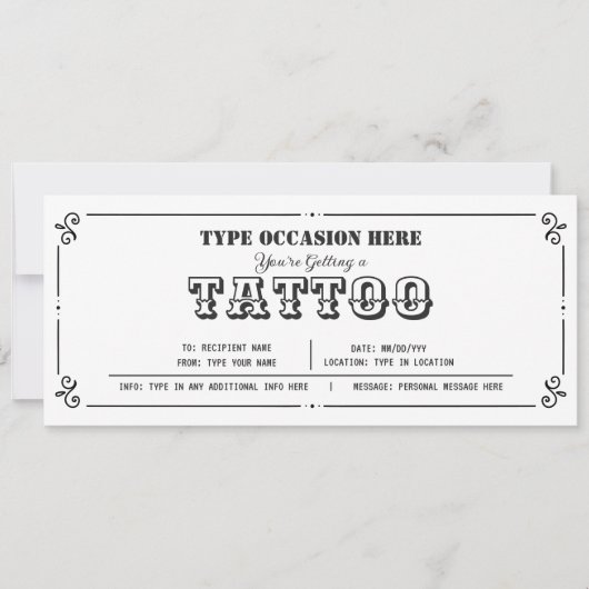 Invitation Bon de Cadeau de Tatouage Personnalisable pour Tou (Devant)