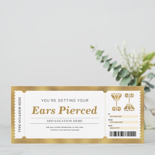 Invitation Bon de cadeau en or pour perçage d'oreille (Debout devant)