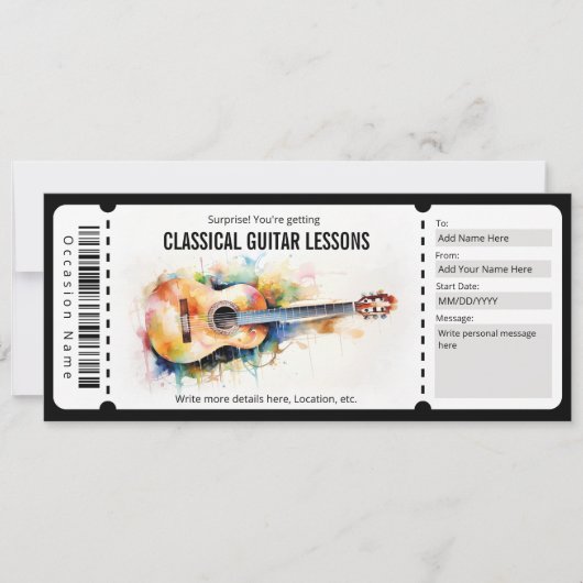 Invitation Bon de cadeau pour des cours de guitare classique (Devant)