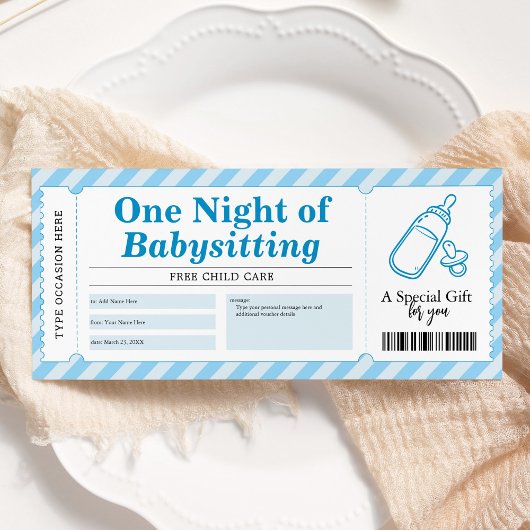 Invitation Bon de voucher bleu pour service de babysitting