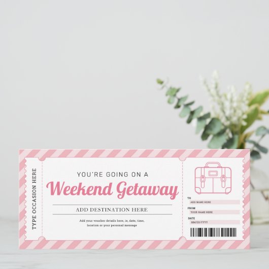 Invitation Bon de voyage cadeau rose pour un week-end (Debout devant)