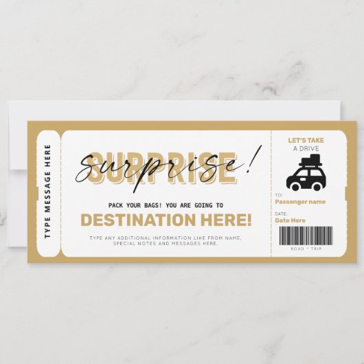 Invitation Bon de voyage surprise Billet de road trip Faux bi (Devant)