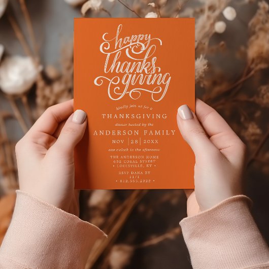 Invitation Bon thanksgiving Moderne Script Orange Dîner