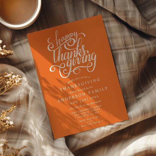 Invitation Bon thanksgiving Moderne Script Orange Dîner