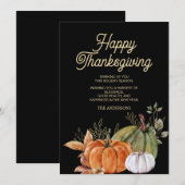Invitation Bon thanksgiving noir Citrouille blanc orange (Devant / Derrière)