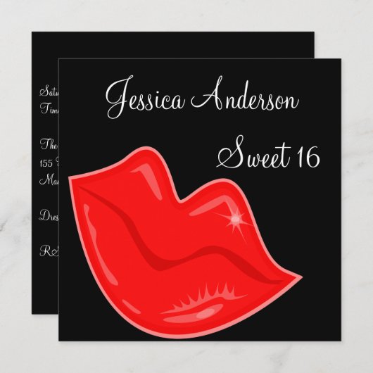 Invitation Bonbon 16 lèvres rouges lumineuses d'anniversaire (Devant / Derrière)