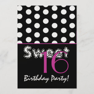Invitation Bonbon 16 pois noirs et blancs d'anniversaire