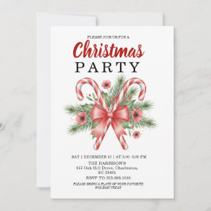 Invitation Bonbon à l'aquarelle Canne & Noël du ruban rouge