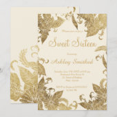 Invitation Bonbon floral 16 à feuille d'or ene ivoire chic (Devant / Derrière)