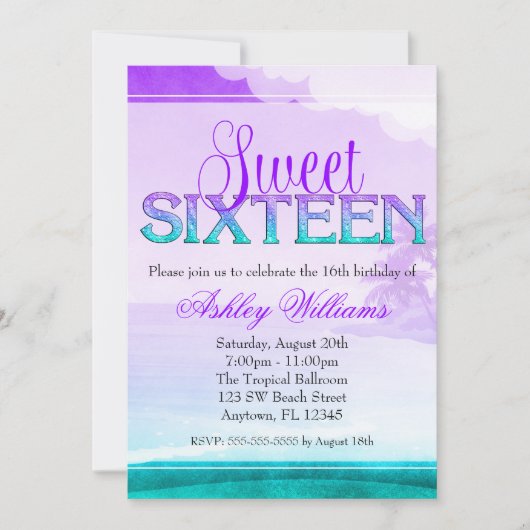 Invitation Bonbon pourpre 16 à Aqua d'étincelle tropicale (Devant)