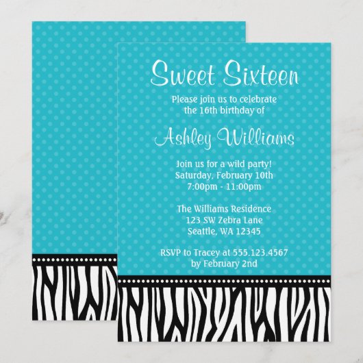 Invitation Bonbon turquoise et noir 16 à point de polka de (Devant / Derrière)