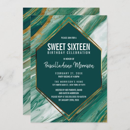 Invitation Bonbon vert 16 à marbre d'agate d'abrégé sur or (Devant / Derrière)