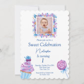 Invitation Bonbons bleu doux avec anniversaire photo (Devant)
