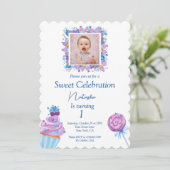 Invitation Bonbons bleu doux avec anniversaire photo (Debout devant)