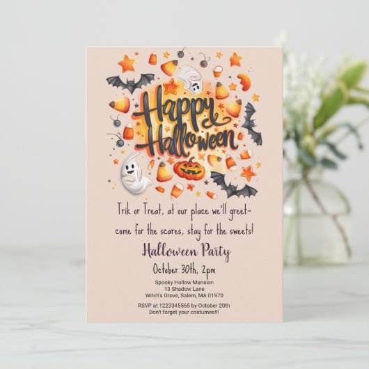 Invitation Bonbons Corn Trick ou Treat Bats Halloween Party (Debout devant)