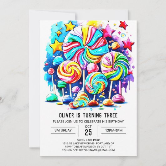 Invitation Bonbons d'aquarelle Printable Anniversaire (Devant)