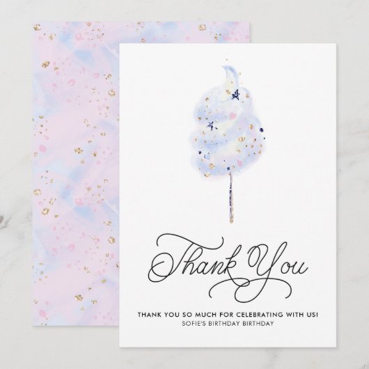 Invitation Bonbons en coton bleu magique et Merci de Parties (Devant / Derrière)