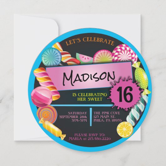 Invitation Bonbons Sucré 16 Seize Anniversaire Fête (Devant)