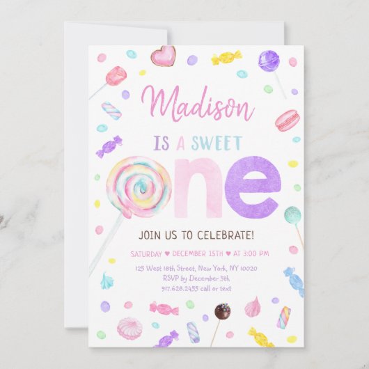 Invitation Bonbons sucré une lollipop premier anniversaire (Devant)