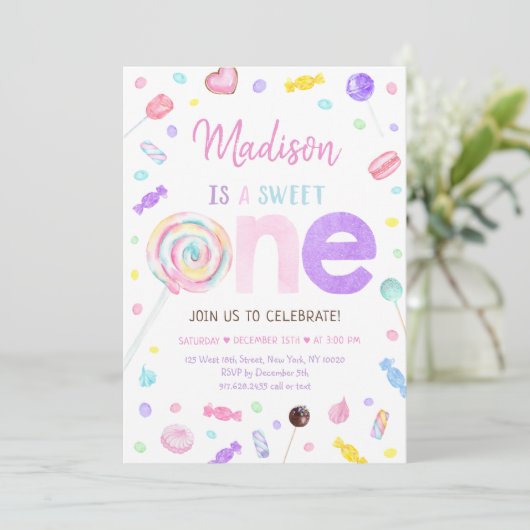 Invitation Bonbons sucré une lollipop premier anniversaire (Debout devant)