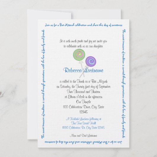 Invitation Bonbons Trésors Bat mitzvah Bleu (Devant)