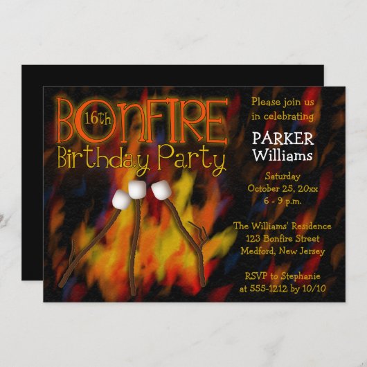 Invitation Bonfire Marshmellow Roast 16e fête d'anniversaire (Devant / Derrière)