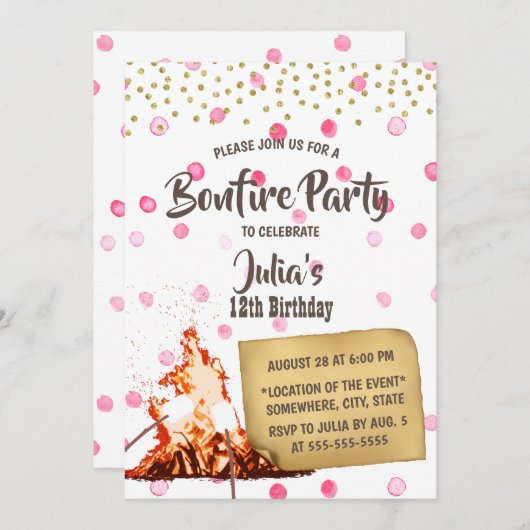 Invitation Bonfire & S'mores Camping Points Rose Anniversaire (Devant / Derrière)