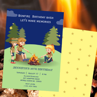 Invitation Bonfire Woodland camping extérieur fête d'annivers