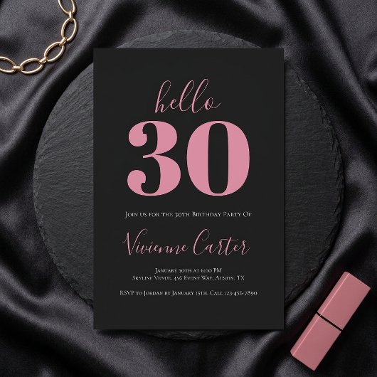 Invitation Bonjour 30 Script Rose Noir 30e Fête d'anniversair