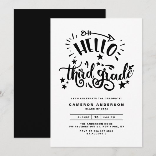 Invitation Bonjour 3e année | Graduation noire de deuxième an (Devant / Derrière)