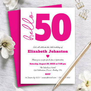 Invitation Bonjour 50 Fantastique Rose Chaud sur Fond Blanc A