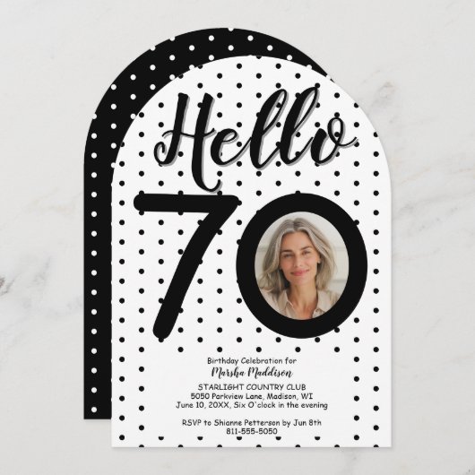 Invitation Bonjour 70 Photo Points Noir & Blanc Anniversaire (Devant / Derrière)