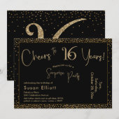 Invitation Bonjour à 16 ans Surprise Anniversaire Or & Noir (Devant / Derrière)