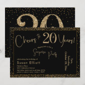 Invitation Bonjour à 20 ans Surprise Anniversaire Or & Noir (Devant / Derrière)
