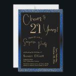 Invitation Bonjour à 21 ans Surprise Anniversaire Bleu<br><div class="desc">En utilisant deux polices distinctives, j'ai créé des graphiques pour votre faire-part et je les ai embelli avec un effet d'or faux-métallique pour une ambiance festive. Bien que chaque partie puisse être déplacée selon vos besoins, l'en-tête indique "Cheers to 21 Years !" et "Surprise Party". ("Surprise" peut être supprimé si...</div>