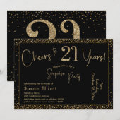 Invitation Bonjour à 21 ans Surprise Anniversaire Or & Noir (Devant / Derrière)