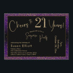 Invitation Bonjour à 21 ans Surprise Anniversaire, violet<br><div class="desc">En utilisant deux polices distinctives, j'ai créé des graphiques pour votre faire-part et je les ai embelli avec un effet d'or faux-métallique pour une ambiance festive. Bien que chaque partie puisse être déplacée selon vos besoins, l'en-tête indique "Cheers to 21 Years !" et "Surprise Party". ("Surprise" peut être supprimé si...</div>