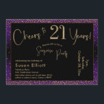 Invitation Bonjour à 21 ans Surprise Anniversaire, violet<br><div class="desc">En utilisant deux polices distinctives, j'ai créé des graphiques pour votre faire-part et je les ai embelli avec un effet d'or faux-métallique pour une ambiance festive. Bien que chaque partie puisse être déplacée selon vos besoins, l'en-tête indique "Cheers to 21 Years !" et "Surprise Party". ("Surprise" peut être supprimé si...</div>