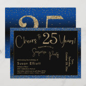 Invitation Bonjour à 25 ans Surprise Anniversaire Or & Bleu (Devant / Derrière)
