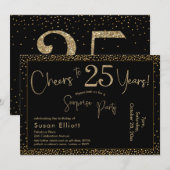 Invitation Bonjour à 25 ans Surprise Anniversaire Or & Noir (Devant / Derrière)