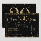 Invitation Bonjour à 30 ans Surprise Anniversaire Or & Noir (Devant / Derrière)