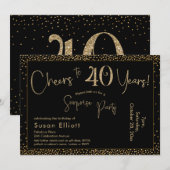 Invitation Bonjour à 40 ans Surprise Anniversaire Or & Noir (Devant / Derrière)