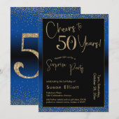 Invitation Bonjour à 50 ans Surprise Anniversaire Bleu (Devant / Derrière)